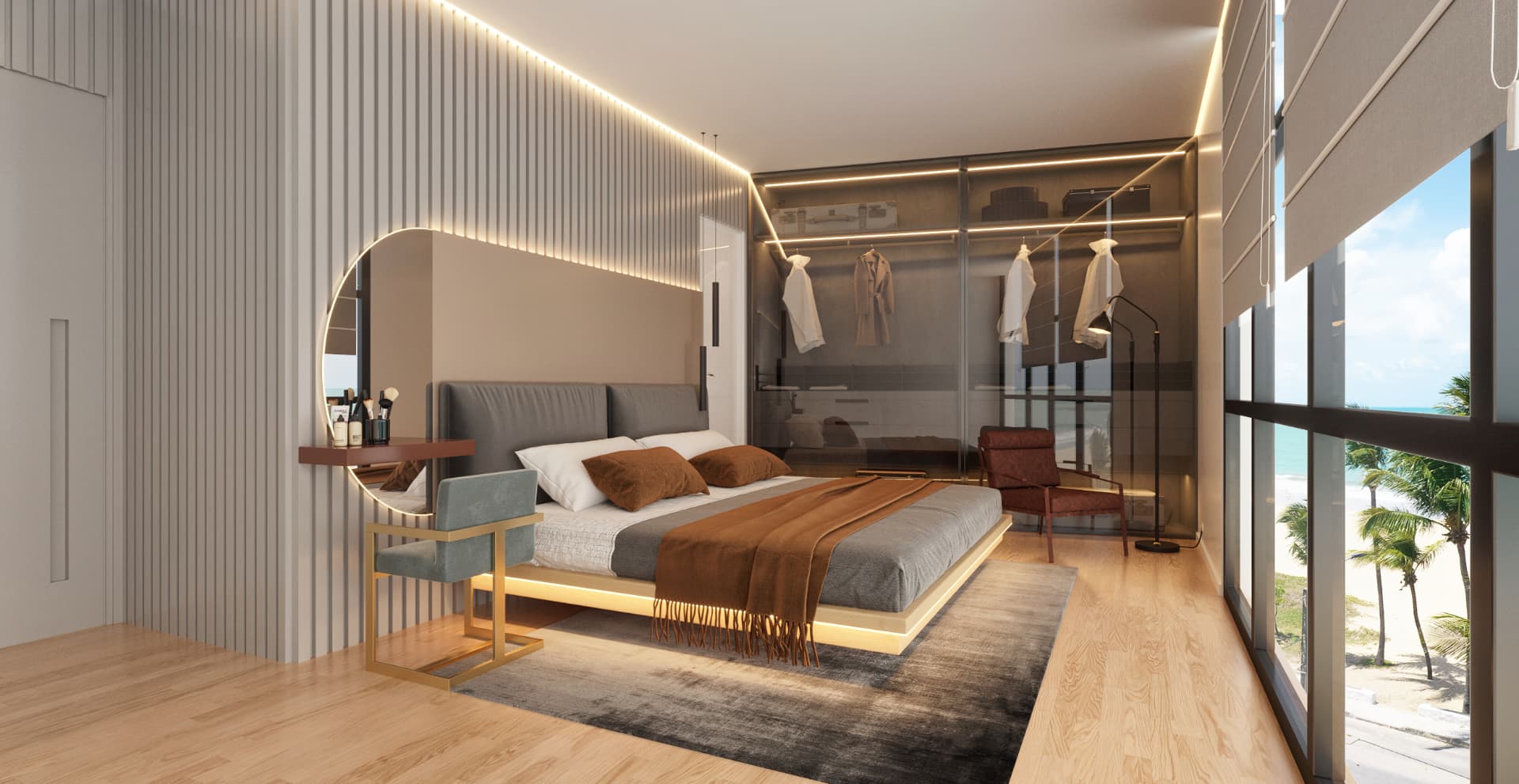Suíte master com cama de casal, closet com portas de vidro e janela panorâmica com vista para a praia e o mar