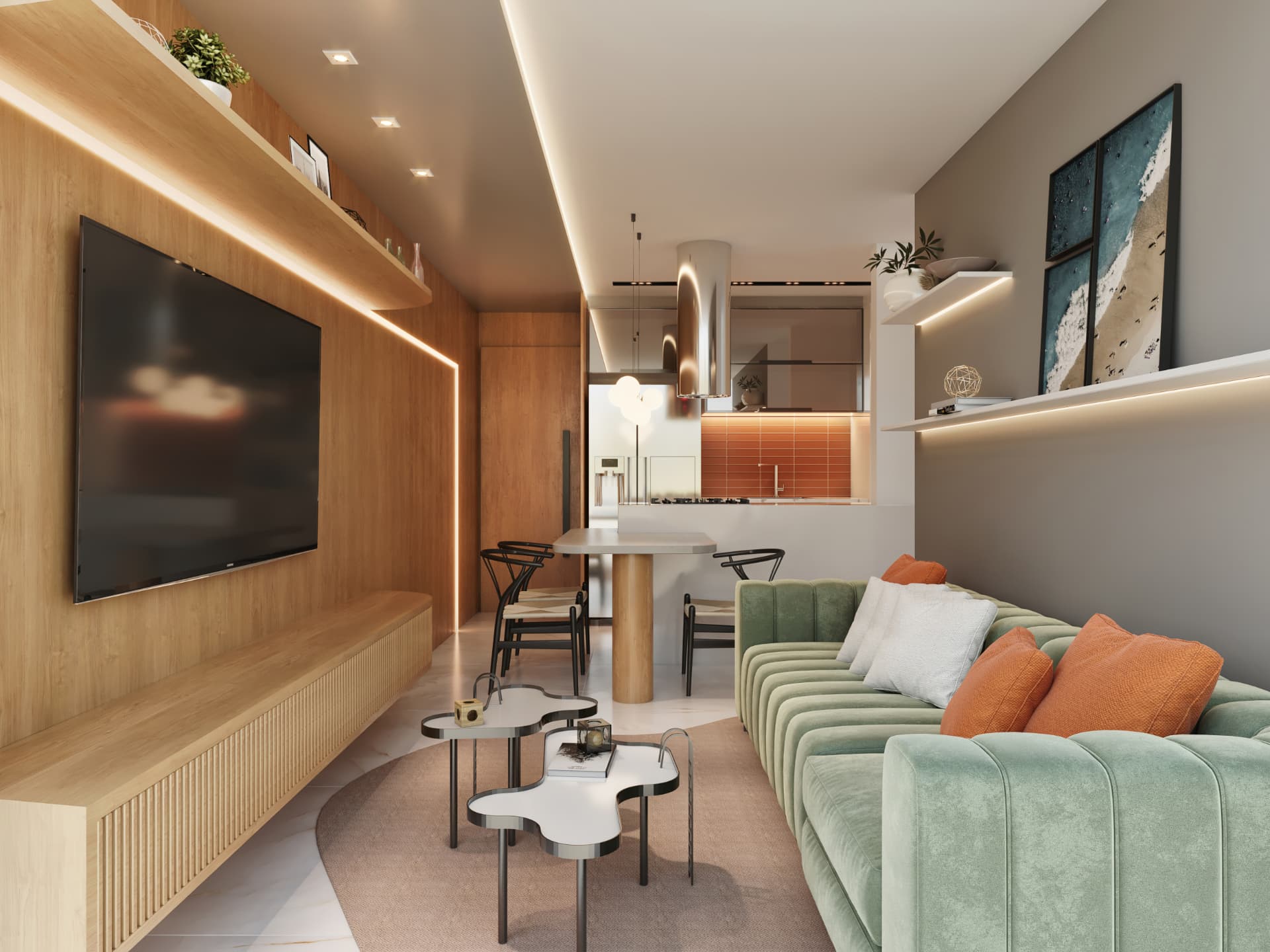 Sala de estar com sofá, painel de TV em madeira, mesa de jantar e cozinha integrada ao fundo