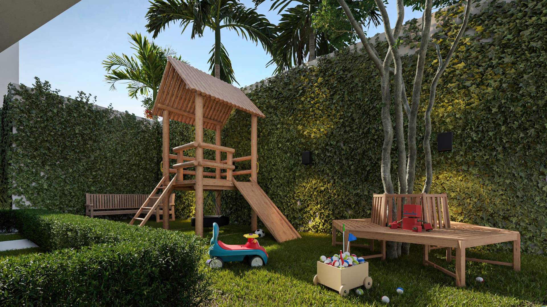 Playground ao ar livre com casinha de madeira, escorregador, balanço e jardim com muro verde