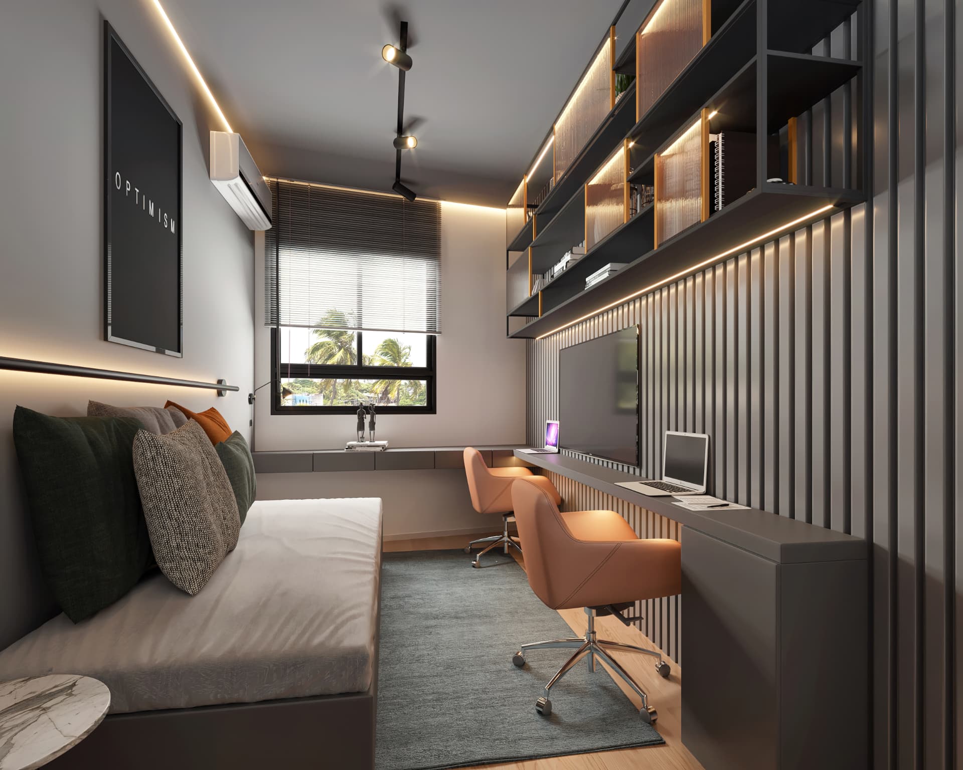 Quarto com cama, bancada de estudo com duas cadeiras, estantes iluminadas e janela com vista para coqueiros