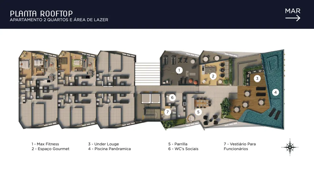Planta oficial do rooftop, apartamento de 2 quartos e área de lazer