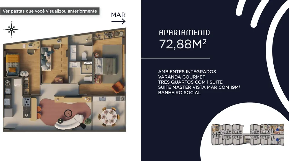 Planta oficial do apartamento de 3 quartos, com área de 72,88 metros quadrados