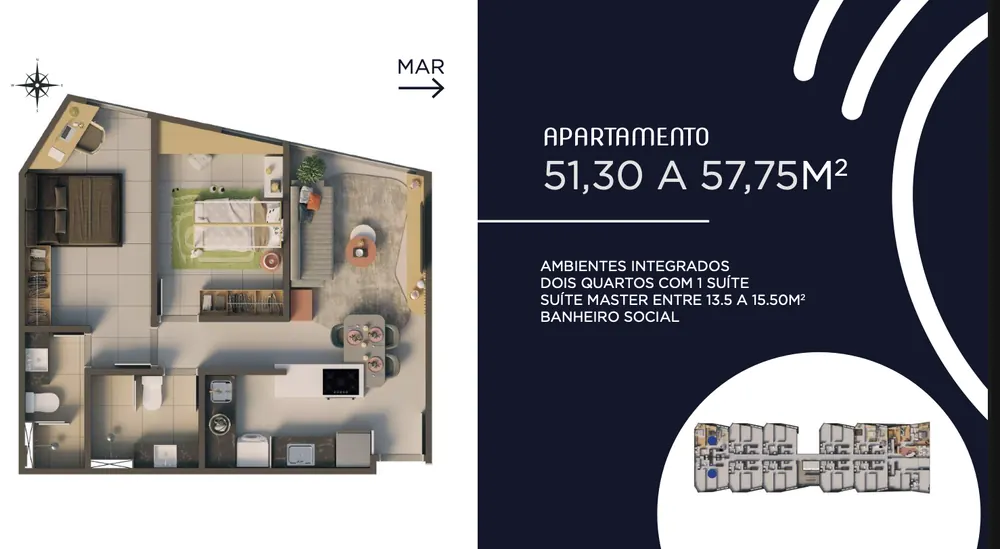Planta oficial do apartamento de 2 quartos, com áreas de 51,30 a 57,75 metros quadrados